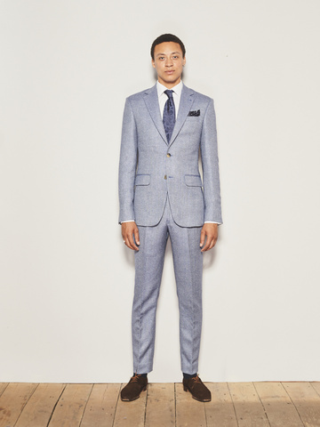 Blue Herringbone Wool Silk Linen