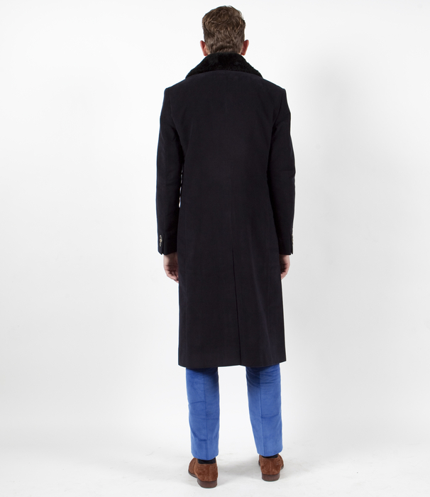 The Anton Overcoat: Fur Collared Navy Moleskin