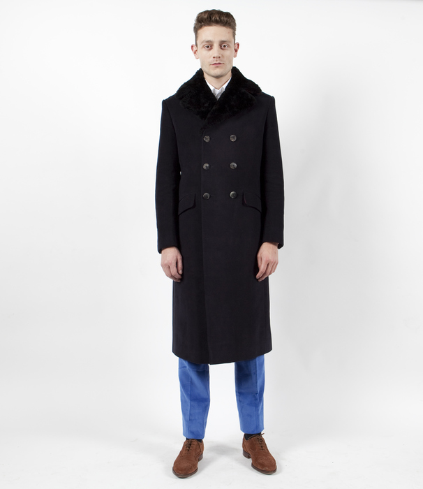 The Anton Overcoat: Fur Collared Navy Moleskin