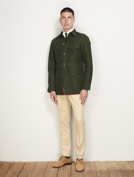 Green Linen Safari Jacket & Sand Wool Trouser