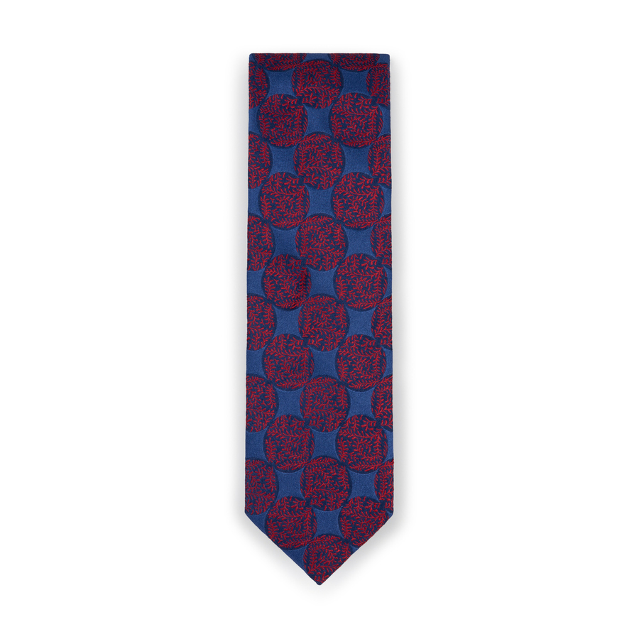 Blue Leaf Red Motif Silk Tie
