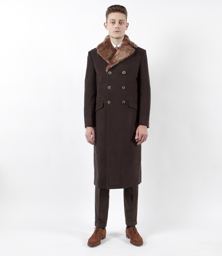 The Anton Overcoat: Fur Collared Brown Moleskin