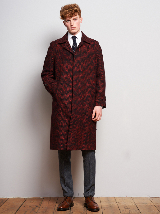 Image of Red Black Wool Raglan Overcoat